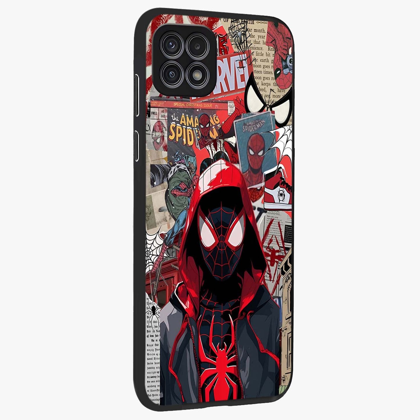 Spider Collage Street Glass Case upright view showcasing bold superhero artwork with urban street theme.