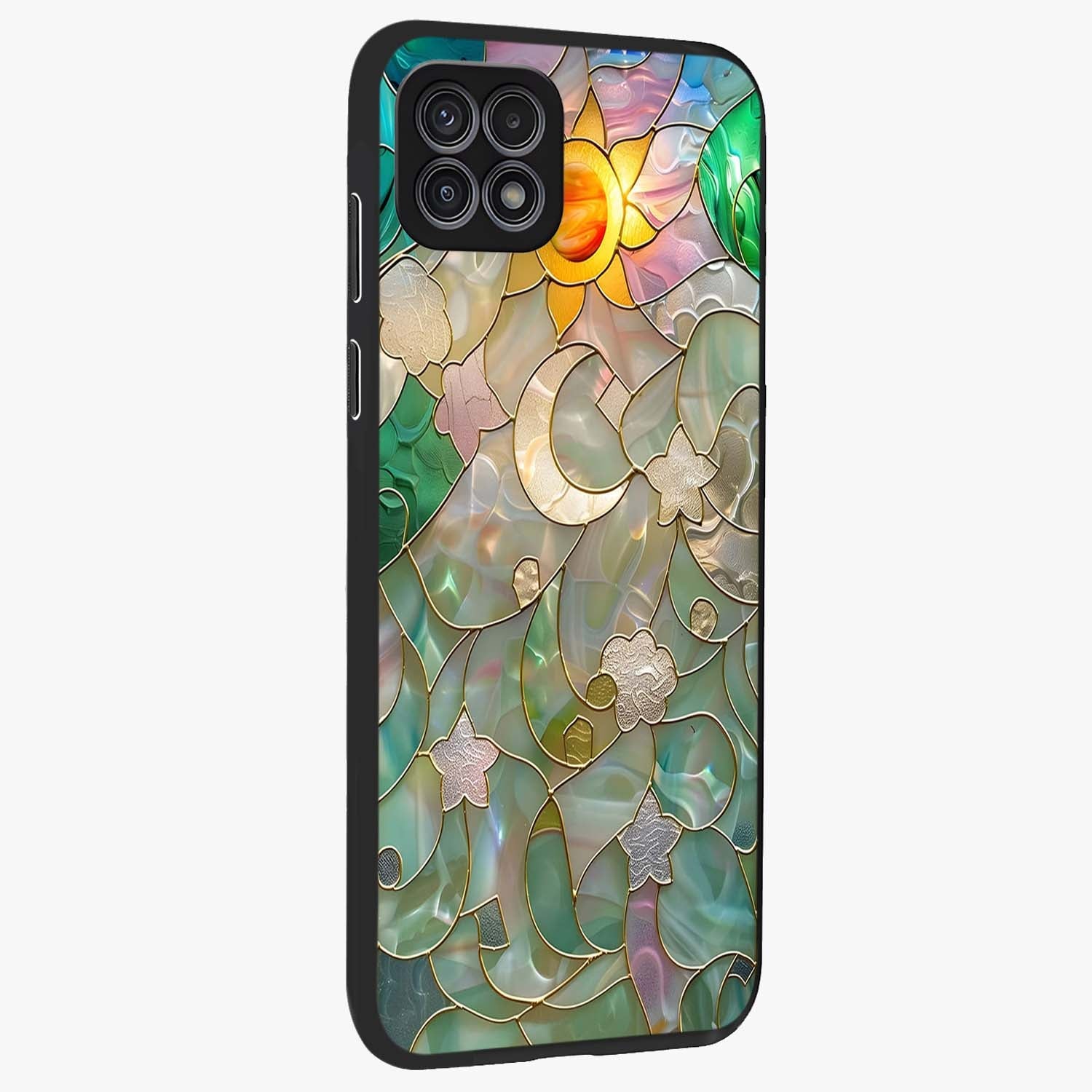 Stained Sunrise Glow Glass Case upright view showcasing colorful sunrise artwork with warm morning theme.