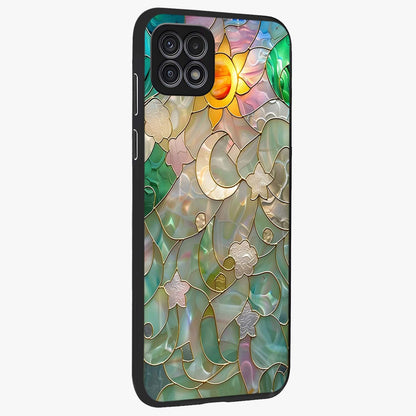 Stained Sunrise Glow Glass Case upright view showcasing colorful sunrise artwork with warm morning theme.
