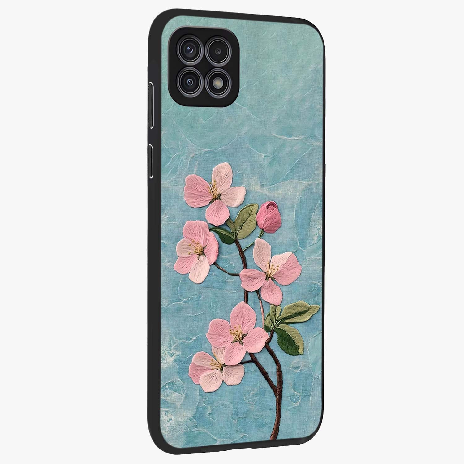 Threaded Blossom Breeze Glass Case upright view showcasing graceful flower artwork with calm botanical theme.