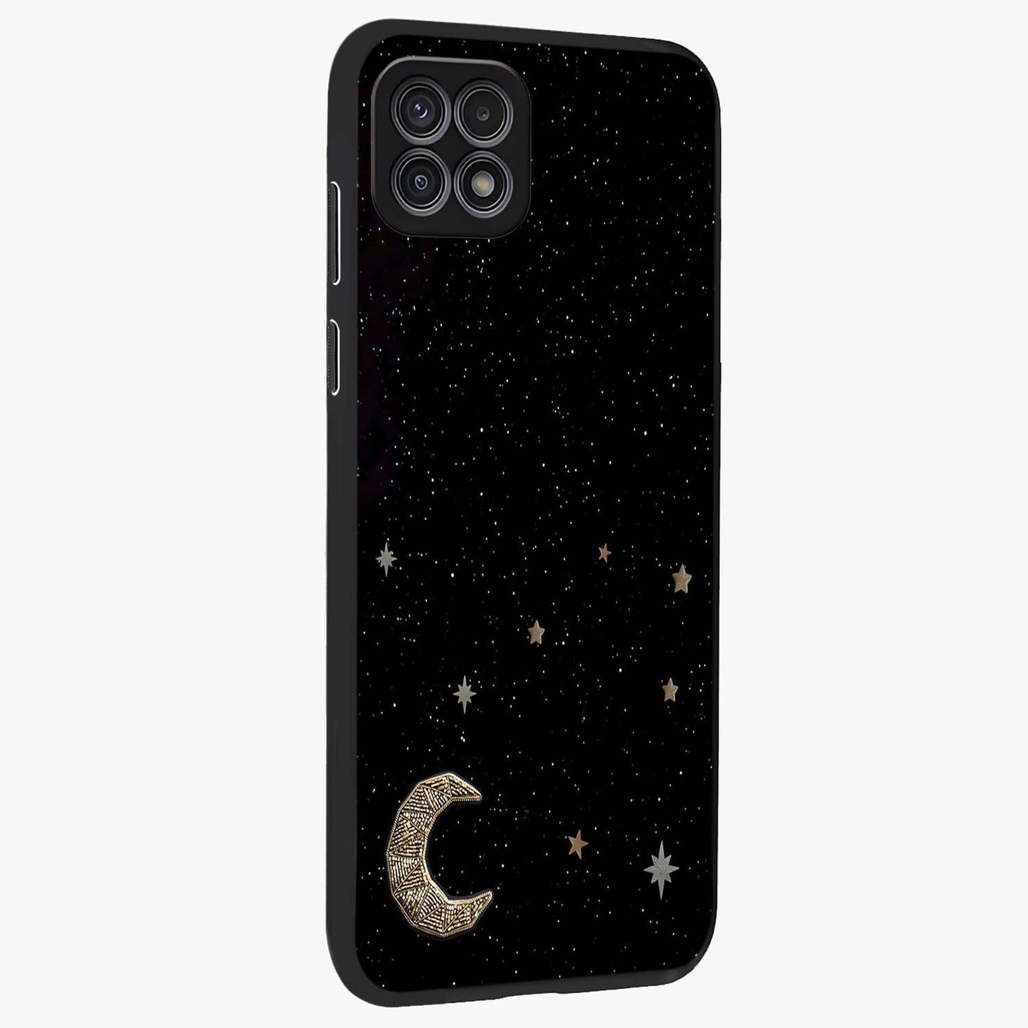 Twinkle Star With Half Moon Glass Case upright view showcasing glowing cosmic artwork with dreamy night theme.