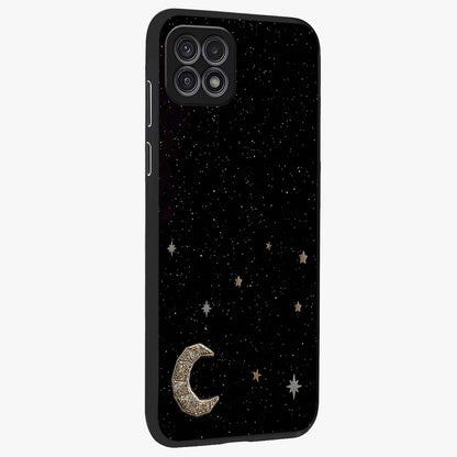 Twinkle Star With Half Moon Glass Case upright view showcasing glowing cosmic artwork with dreamy night theme.