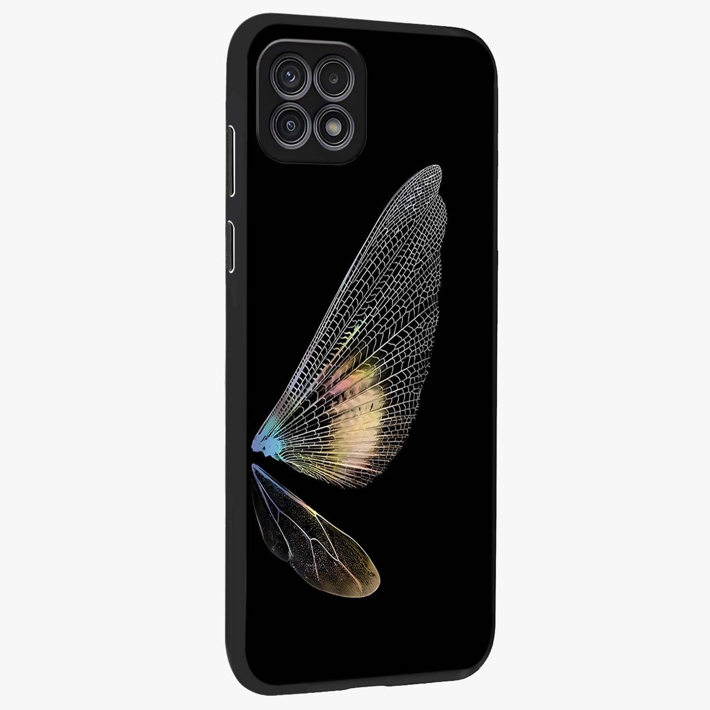 Whispers Of Wings Glass Case upright view showcasing elegant wing artwork with light airy theme.