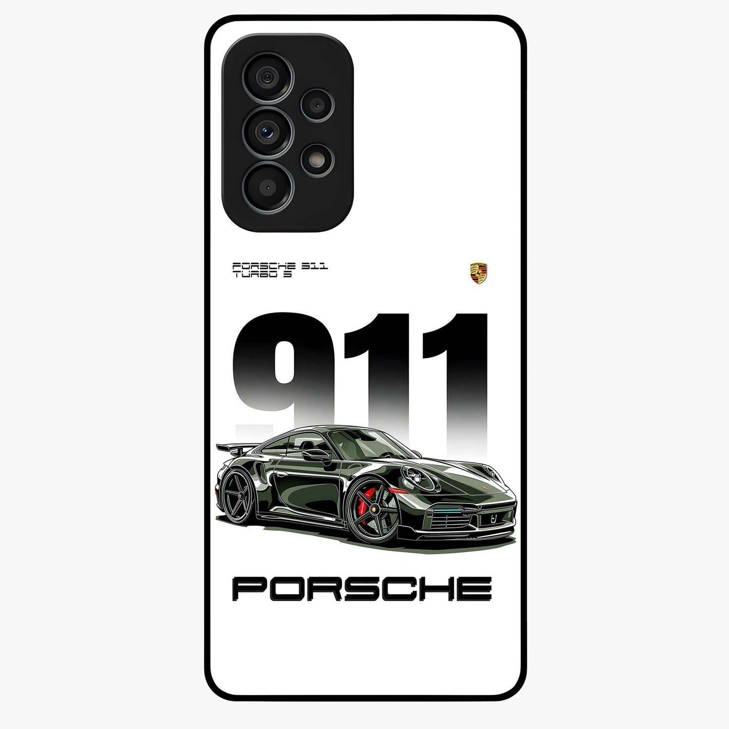 911 Turbo Dominance Glass Case showing clean flat back view with bold 911 sports car artwork and glossy glass finish.