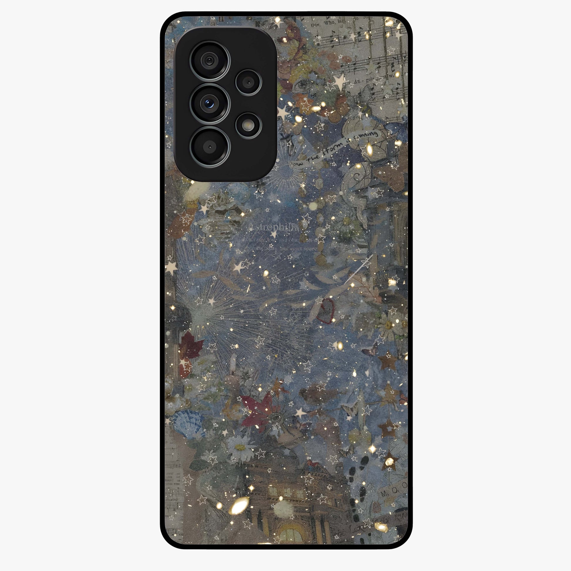 Aesthetic Astrolophia Glass Case showing flat back view with dreamy aesthetic design and glossy glass finish.