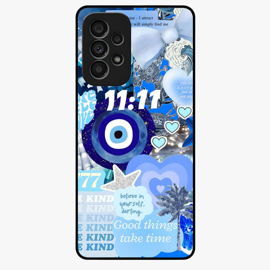 Aesthetic Be Kind Eye Glass Case showing flat back view with motivational eye artwork and glossy glass finish.