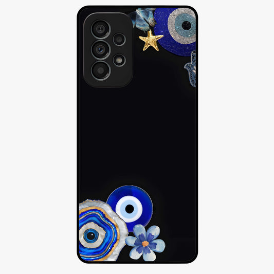 Aesthetic Blue Evil Eye Glass Case showing flat back view with protective evil eye artwork and glossy glass finish.