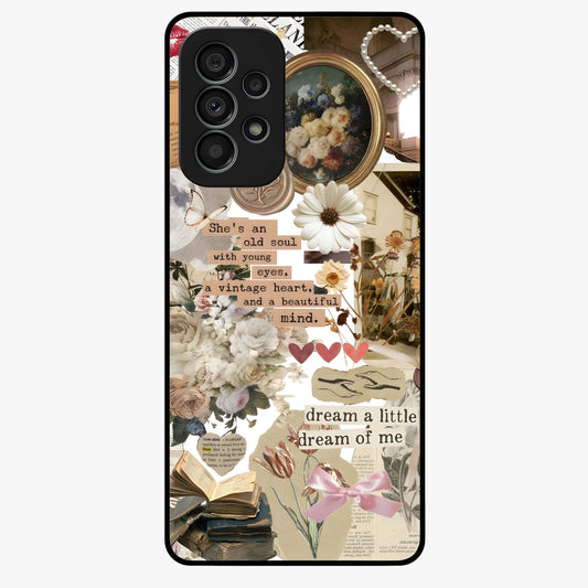 Aesthetic Brown Vintage Collage Glass Case showing flat back view with retro collage artwork and glossy glass finish.