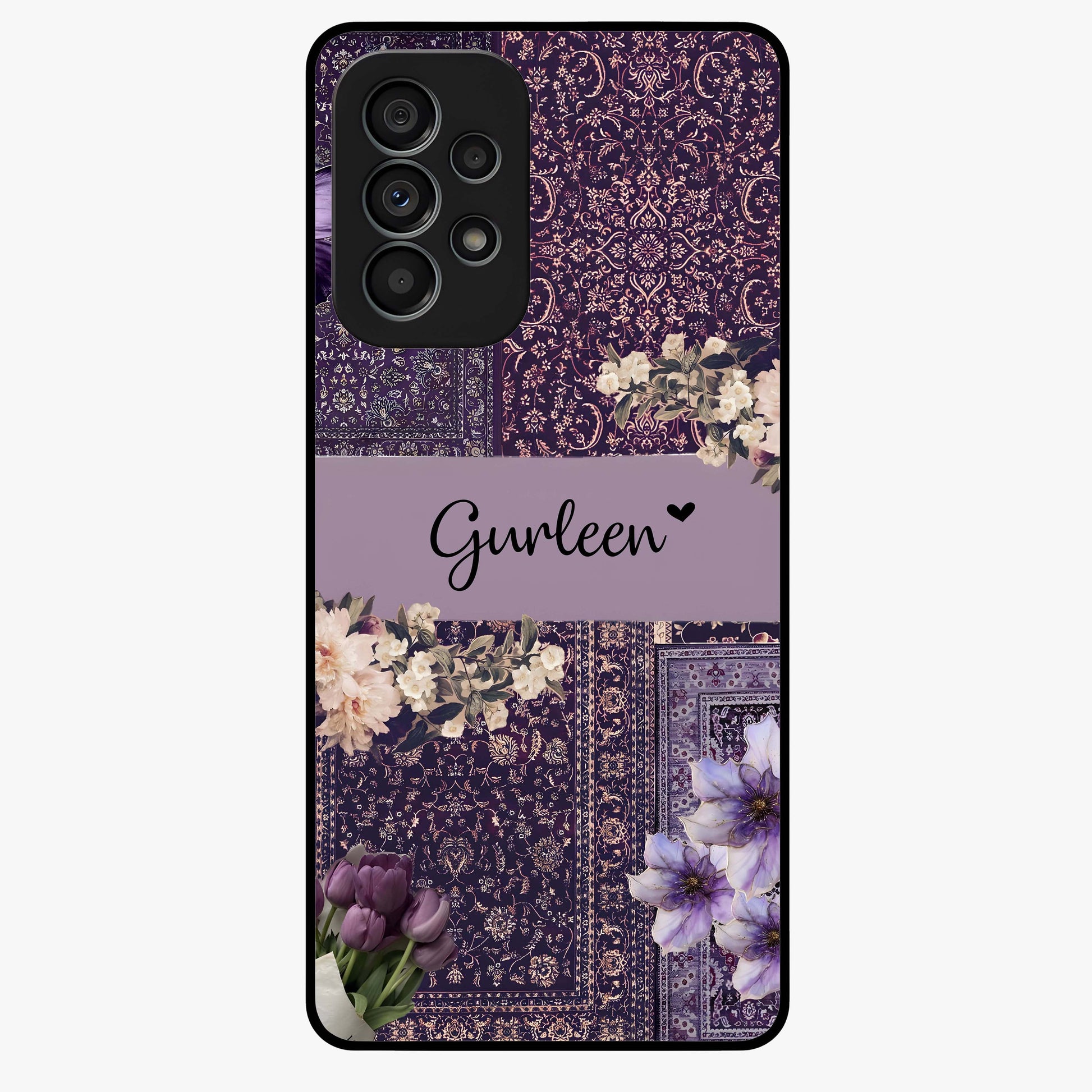 Antique Floral Whisper Custom Name Glass Case showing flat back view with vintage floral artwork and personalized name design.