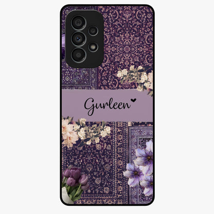 Antique Floral Whisper Custom Name Glass Case showing flat back view with vintage floral artwork and personalized name design.