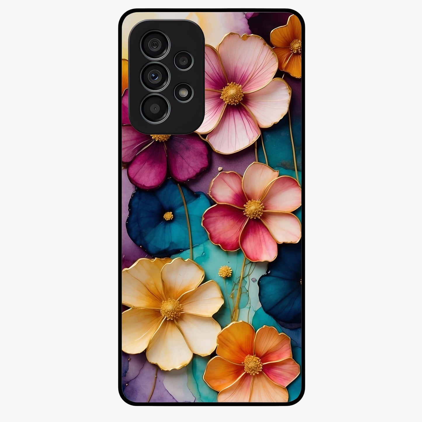 Artlyn Grace Flower Pattern Glass Case showing flat back view with elegant floral pattern artwork and glossy glass finish.