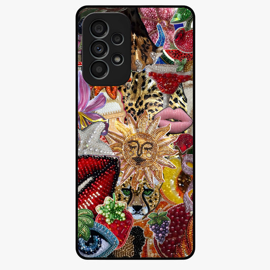Beaded Fashion Jungle Glass Case showing flat back view with vibrant jungle inspired bead artwork and glossy glass finish.
