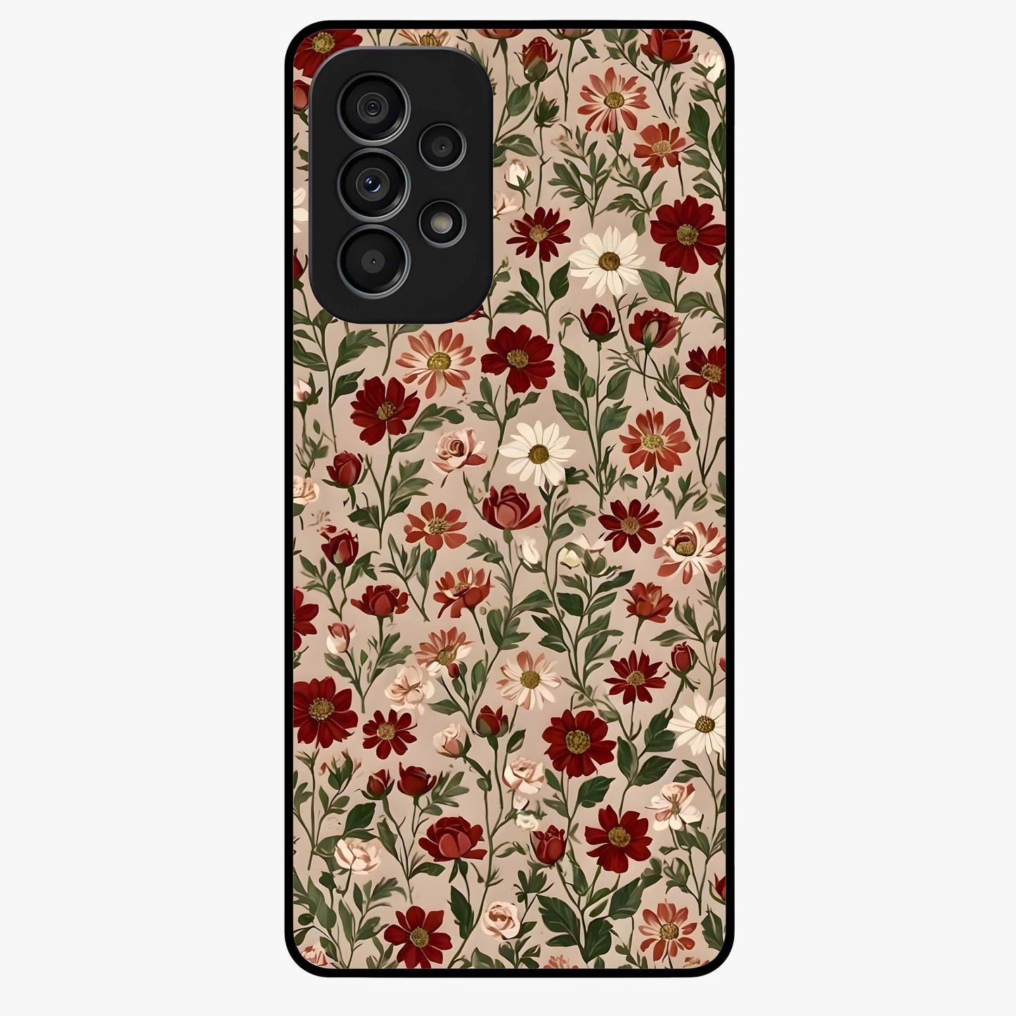 Biege Flower With Leaf Glass Case showing flat back view with soft beige floral artwork and glossy glass finish.