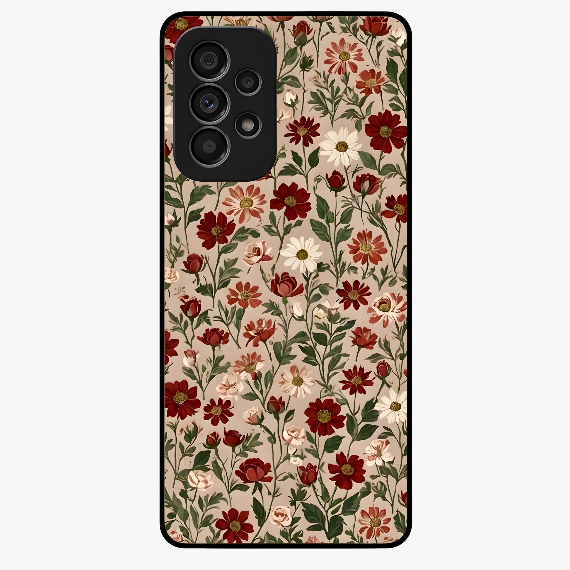 Biege Flower With Leaf Glass Case showing flat back view with soft beige floral artwork and glossy glass finish.