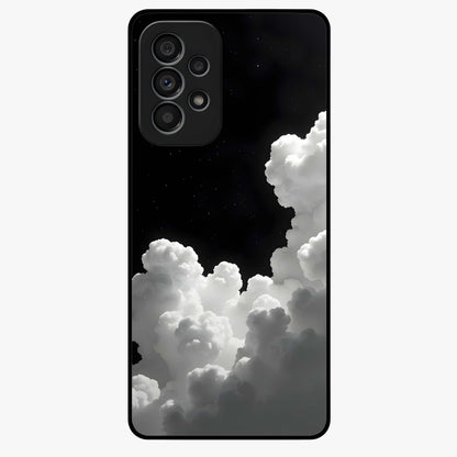 Black Background With White Cloud Glass Case showing flat back view with minimal cloud artwork on dark background and glossy glass finish.