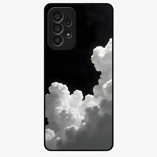 Black Background With White Cloud Glass Case showing flat back view with minimal cloud artwork on dark background and glossy glass finish.