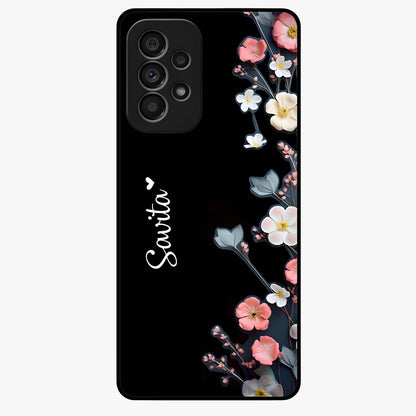 Black Elegance Floral Custom Name Glass Case showing flat back view with elegant floral artwork and personalized name design.