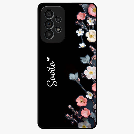 Black Elegance Floral Custom Name Glass Case showing flat back view with elegant floral artwork and personalized name design.