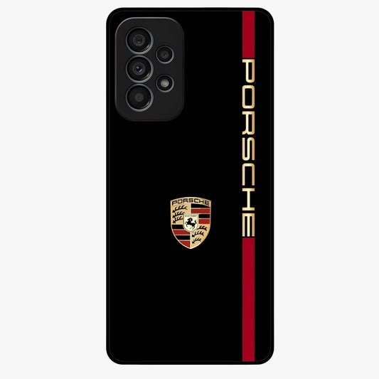 Black Minimal Porsche Glass Case showing flat back view with sleek minimal sports car artwork and glossy glass finish.