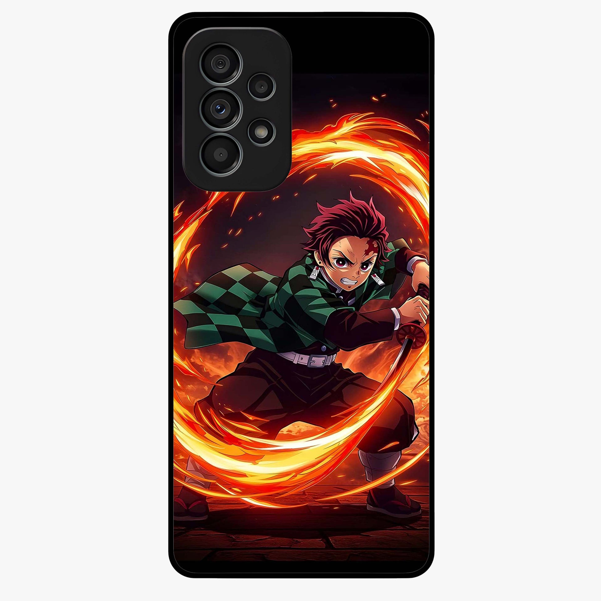 Blazing Sword Resolve Glass Case showing flat back view with fiery sword artwork and glossy glass finish.