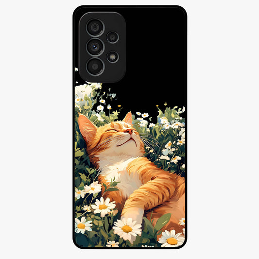 Blissful Bloom Cat Glass Case showing flat back view with cute cat and floral bloom artwork and glossy glass finish.