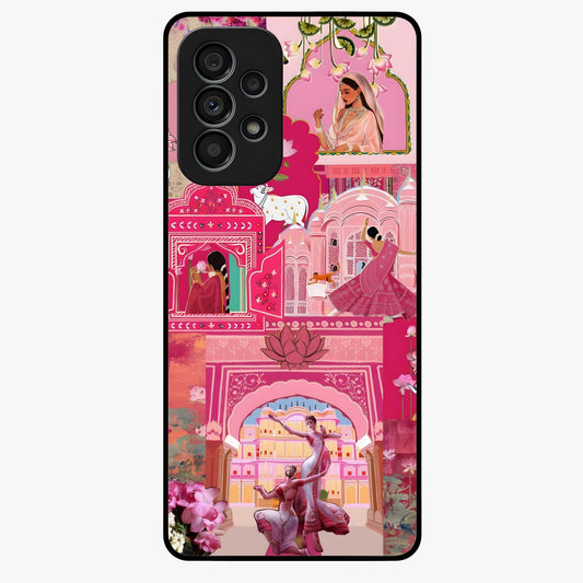Blossoms of Rajasthan Glass Case showing flat back view with traditional floral artwork inspired by Rajasthan and glossy glass finish.