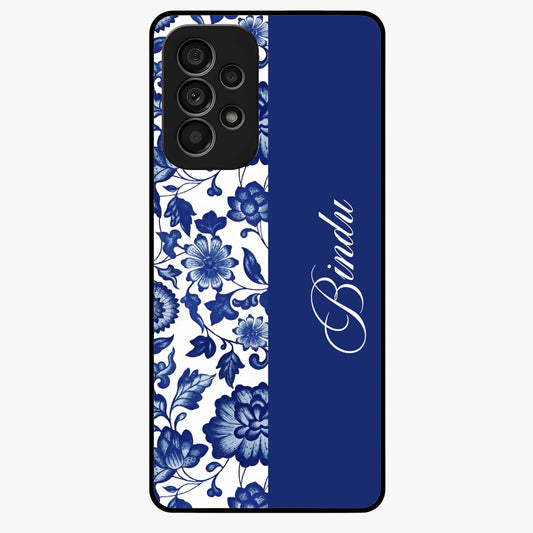 Blue Vintage Floral Pattern Glass Case upright view showcasing timeless floral illustration with vintage inspired style.