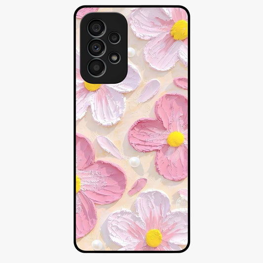 Blush Bloom Texture Glass Case showing flat back view with soft blush floral texture artwork and glossy glass finish.