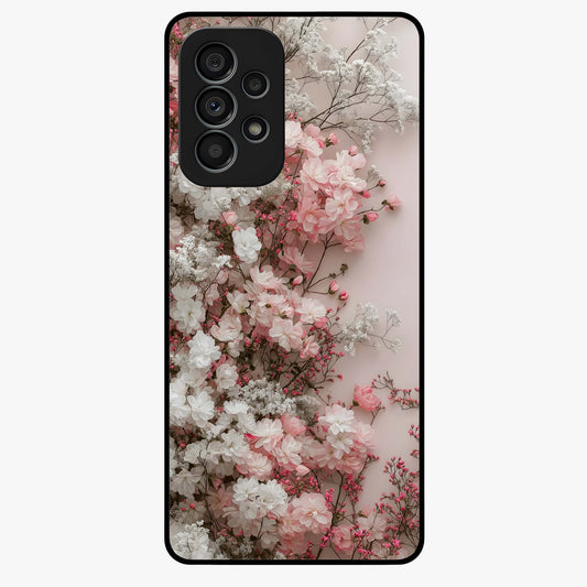 Blush Blossom Cloud Glass Case showing flat back view with dreamy blush cloud blossom artwork and glossy glass finish.