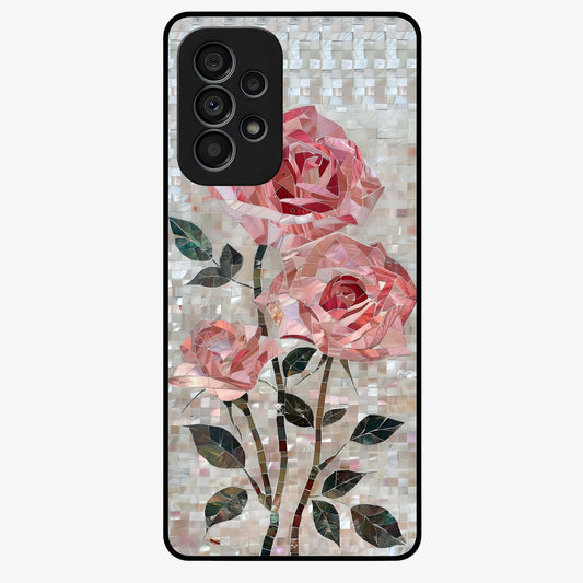 Blush Mosaic Bloom Glass Case showing flat back view with mosaic floral bloom artwork and glossy glass finish.