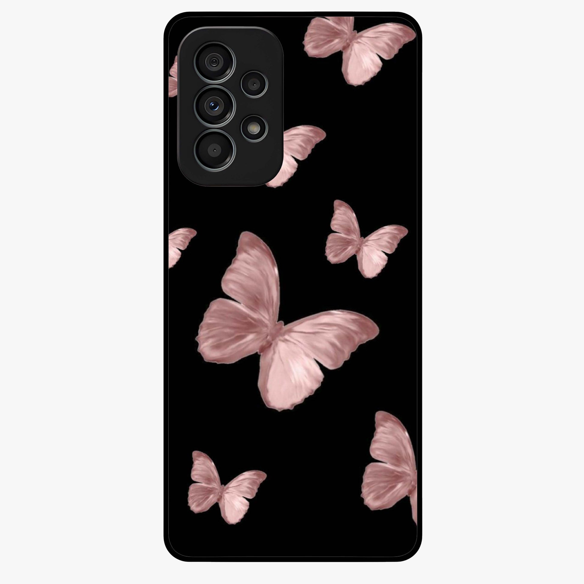 Butterfly Pattern Glass Case showing flat back view with elegant butterfly pattern artwork and glossy glass finish.