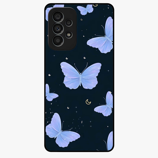 Butterfly With Stars Pattern Glass Case showing flat back view with butterfly and star pattern artwork and glossy glass finish.