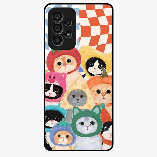 Cats in Fruits Glass Case showing flat back view with playful cat illustrations inside fruit artwork and glossy glass finish.
