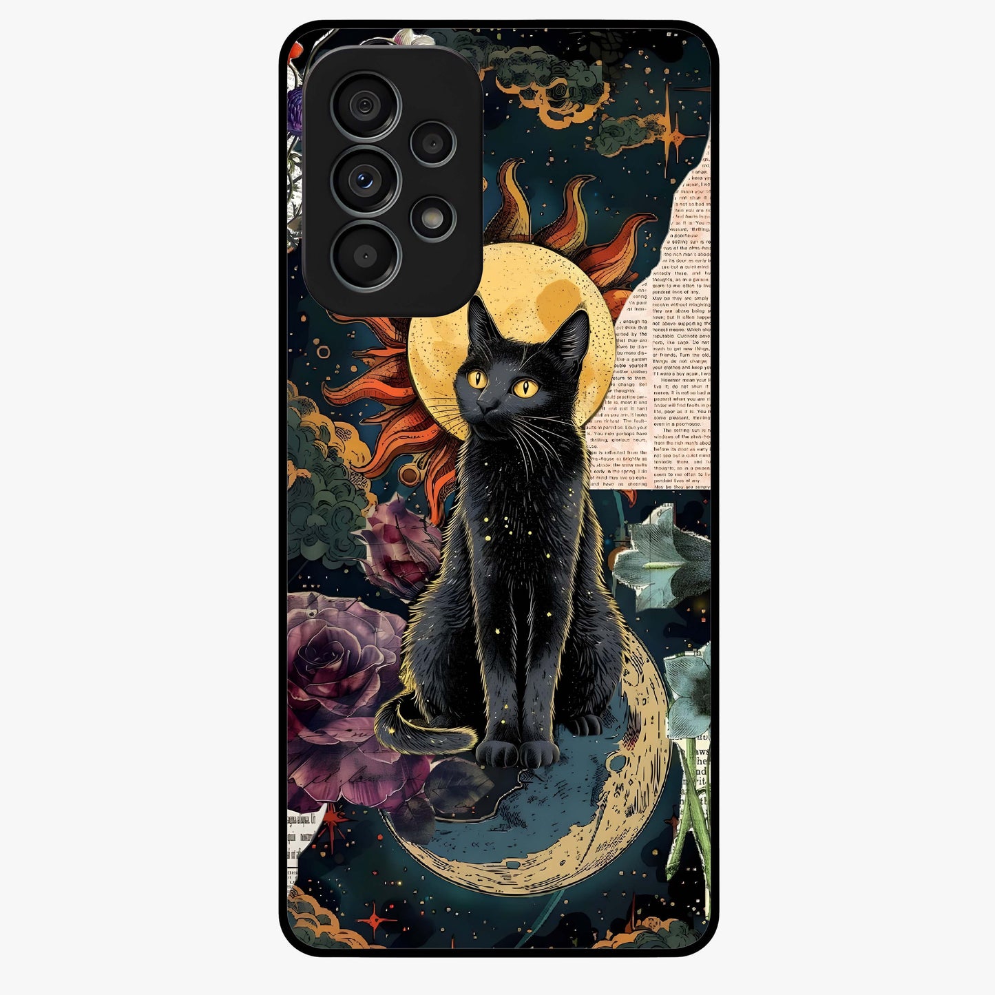 Celestial Black Cat Glass Case showing flat back view with mystical black cat artwork and glossy glass finish.