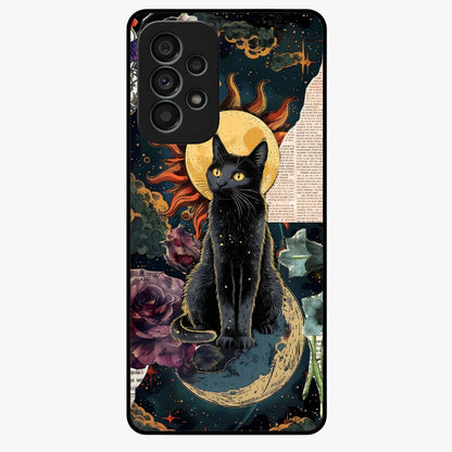 Celestial Black Cat Glass Case showing flat back view with mystical black cat artwork and glossy glass finish.