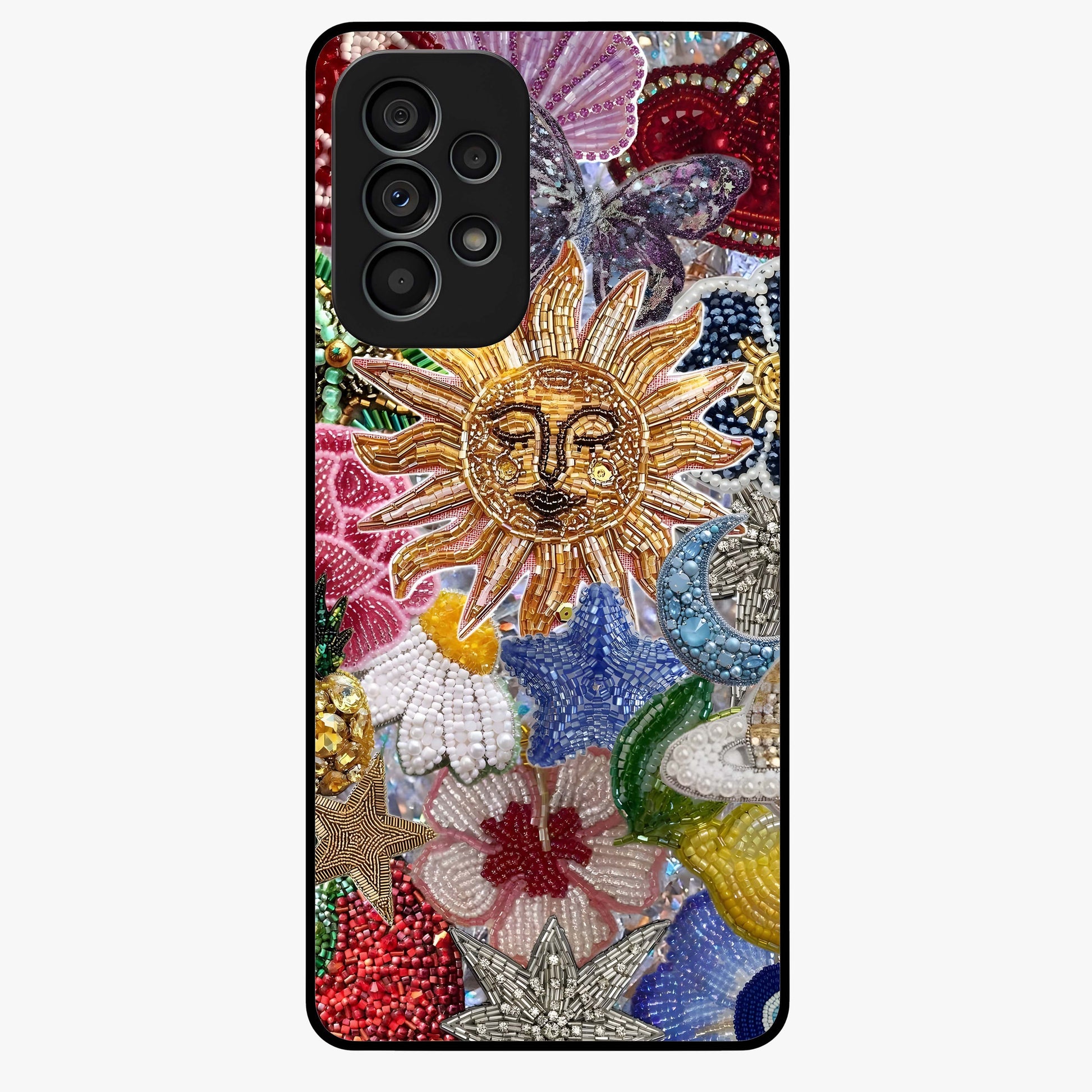 Celestial Floral and Playful Glass Case showing flat back view with floral and celestial themed artwork and glossy glass finish.