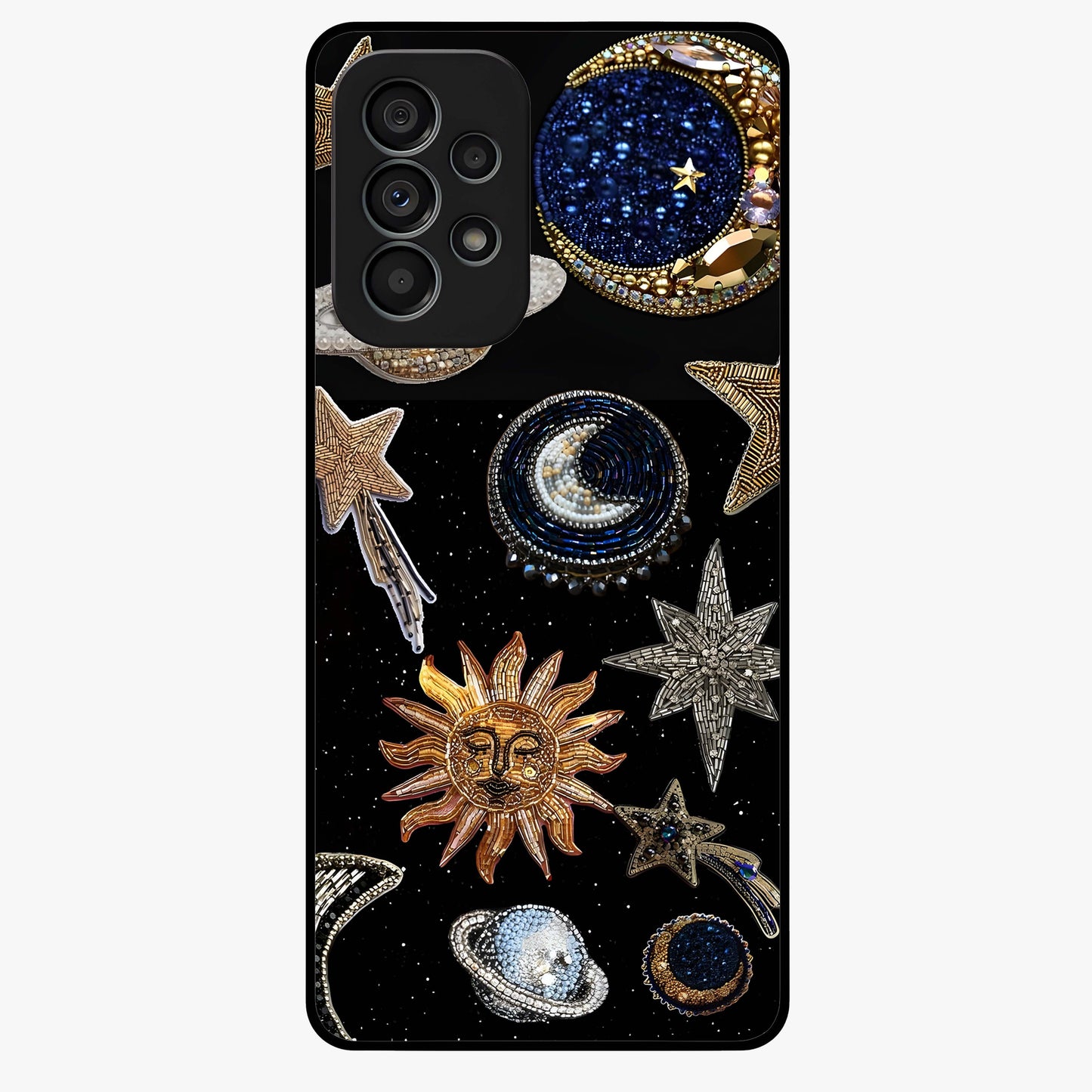 Celestial Gem Constellations Glass Case showing flat back view with sparkling constellation artwork and glossy glass finish.