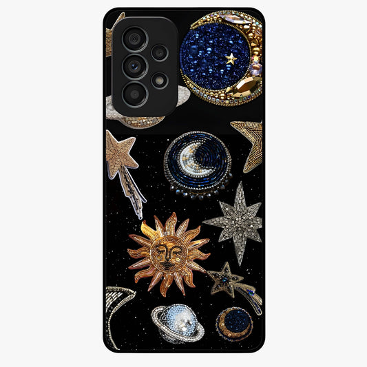 Celestial Gem Constellations Glass Case showing flat back view with sparkling constellation artwork and glossy glass finish.