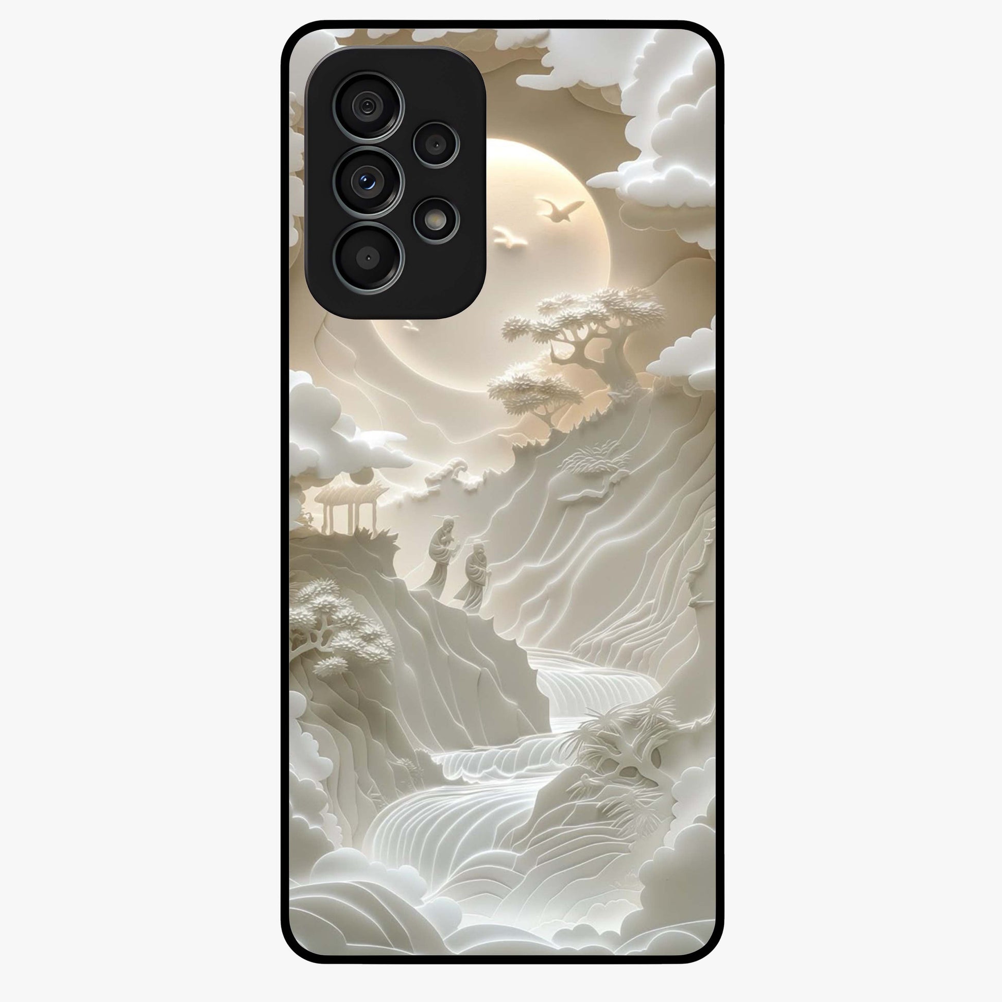Celestial Origami Glass Case showing flat back view with artistic origami inspired celestial artwork and glossy glass finish.
