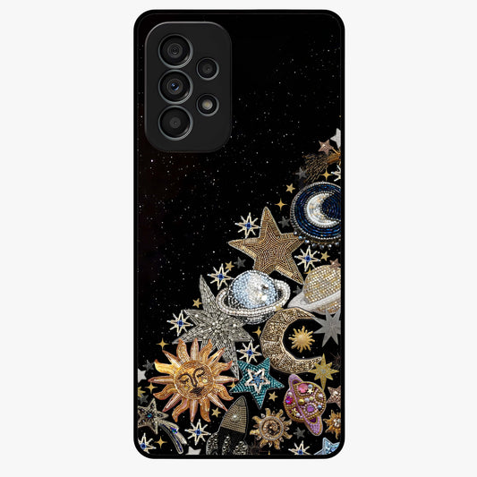 Cosmic Sparkle Dreams Glass Case showing flat back view with sparkling cosmic artwork and glossy glass finish.