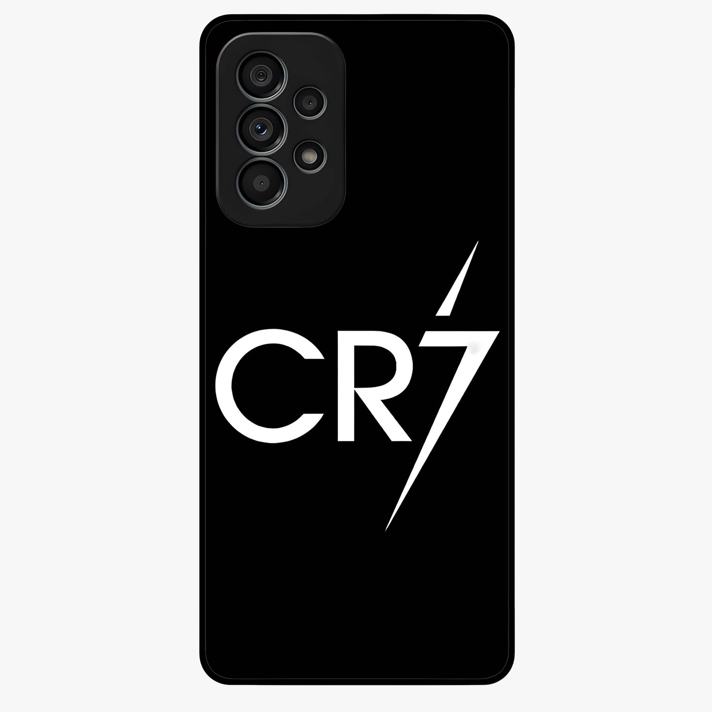 Cr7 Elite Strike Glass Case showing flat back view with dynamic football inspired artwork and glossy glass finish.
