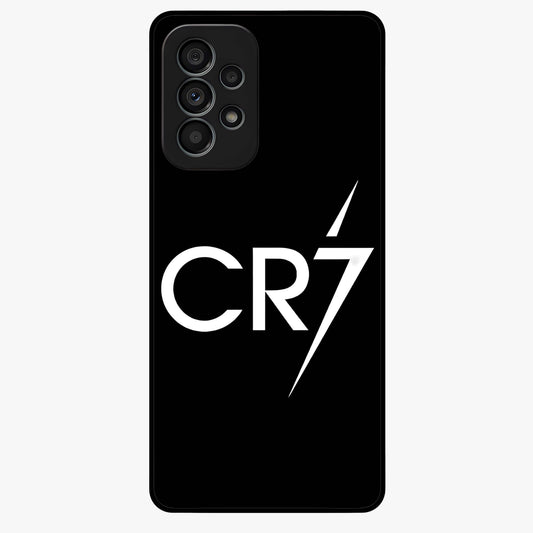 Cr7 Elite Strike Glass Case showing flat back view with dynamic football inspired artwork and glossy glass finish.