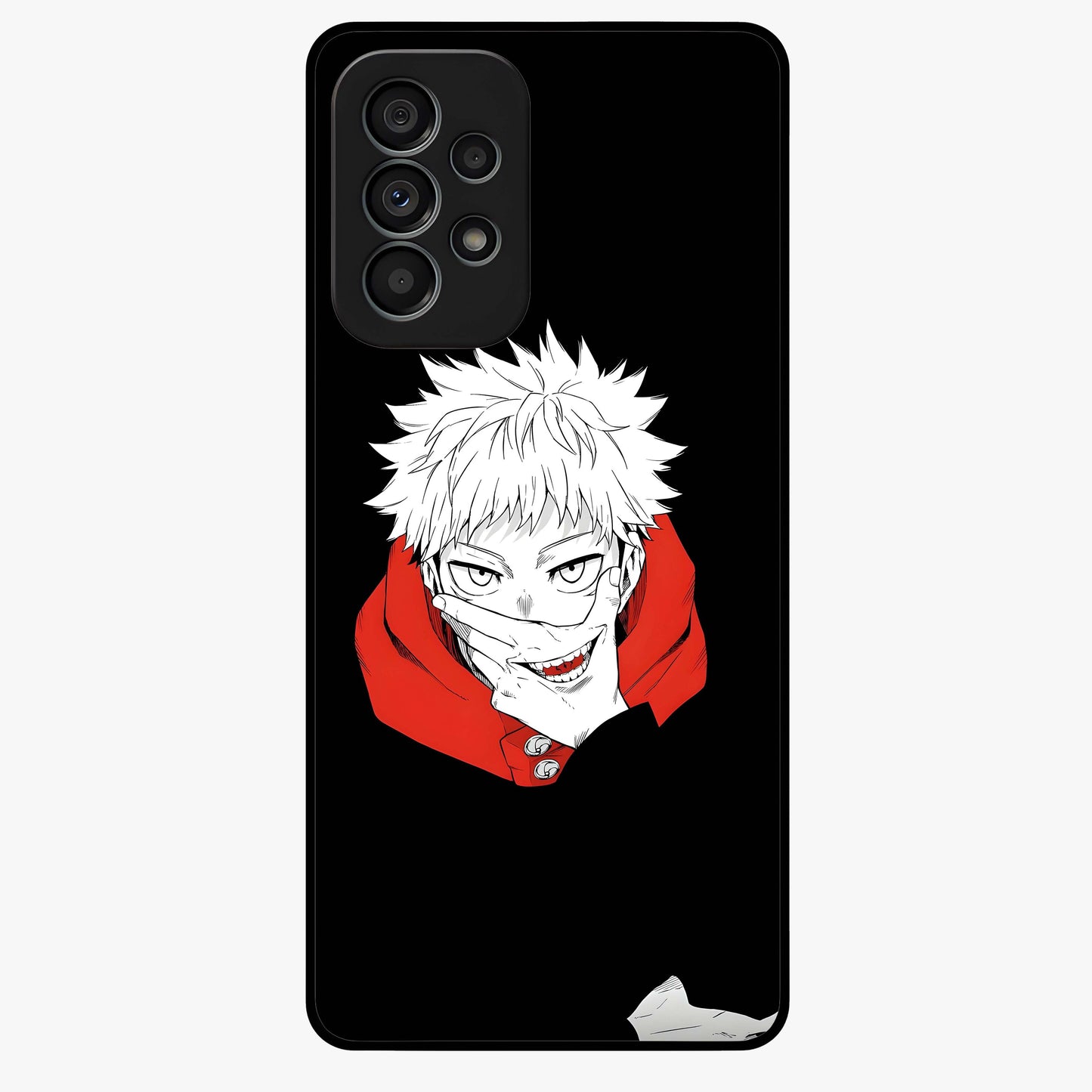 Crimson Chaos Smile Glass Case showing flat back view with bold chaotic smile artwork and glossy glass finish.