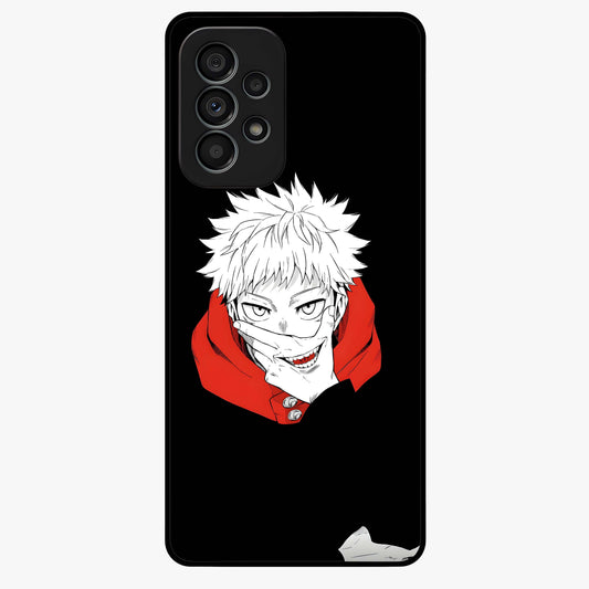 Crimson Chaos Smile Glass Case showing flat back view with bold chaotic smile artwork and glossy glass finish.