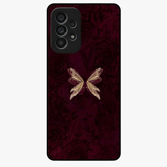 Crimson Fade Butterfly Glass Case showing flat back view with fading butterfly artwork and glossy glass finish.
