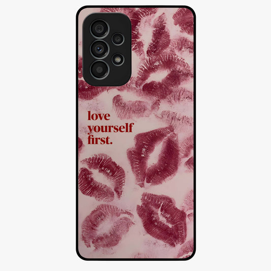 Crimson Kiss Love Glass Case showing flat back view with romantic crimson themed artwork and glossy glass finish.