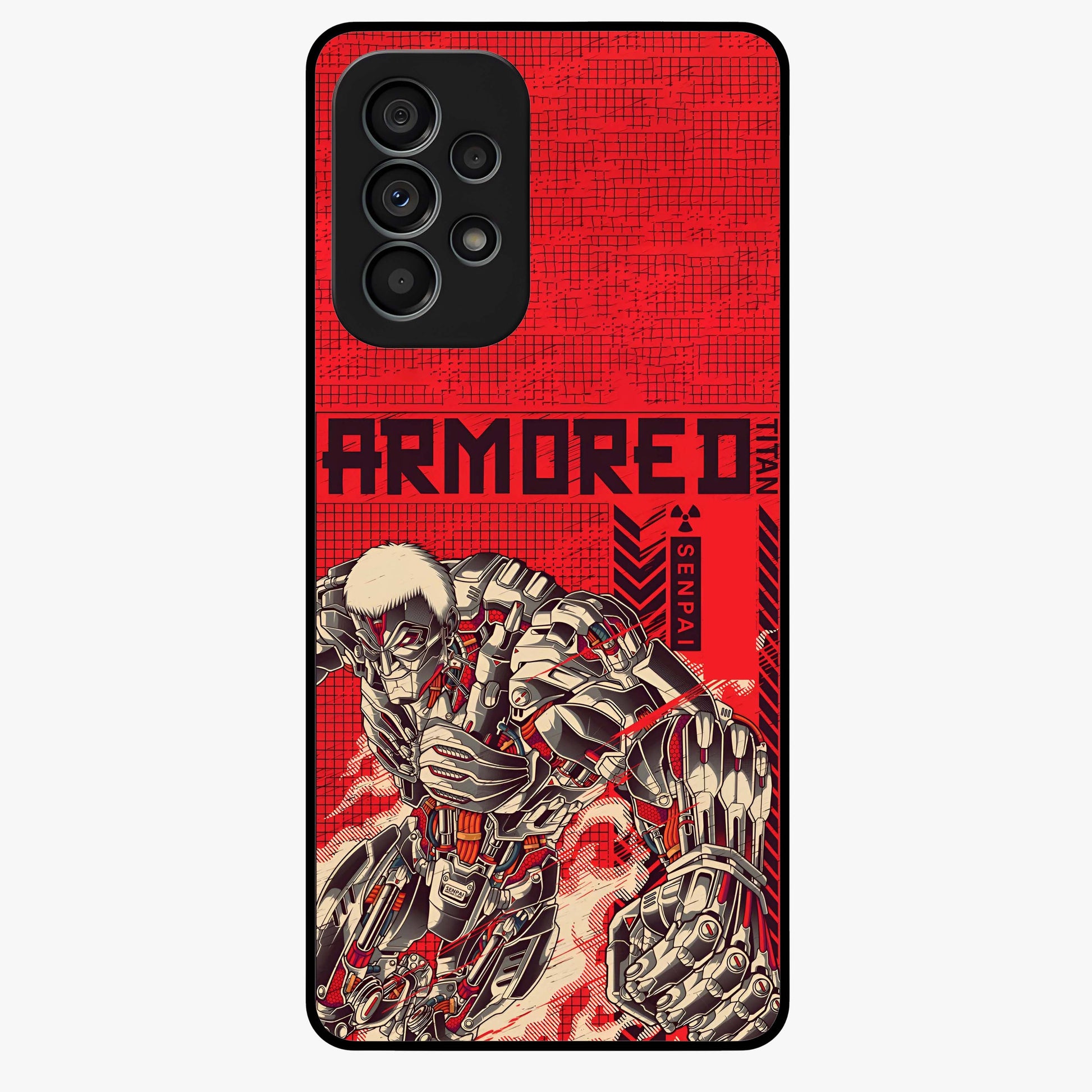 Crimson Mecha Titan Glass Case showing flat back view with powerful mech titan artwork and glossy glass finish.