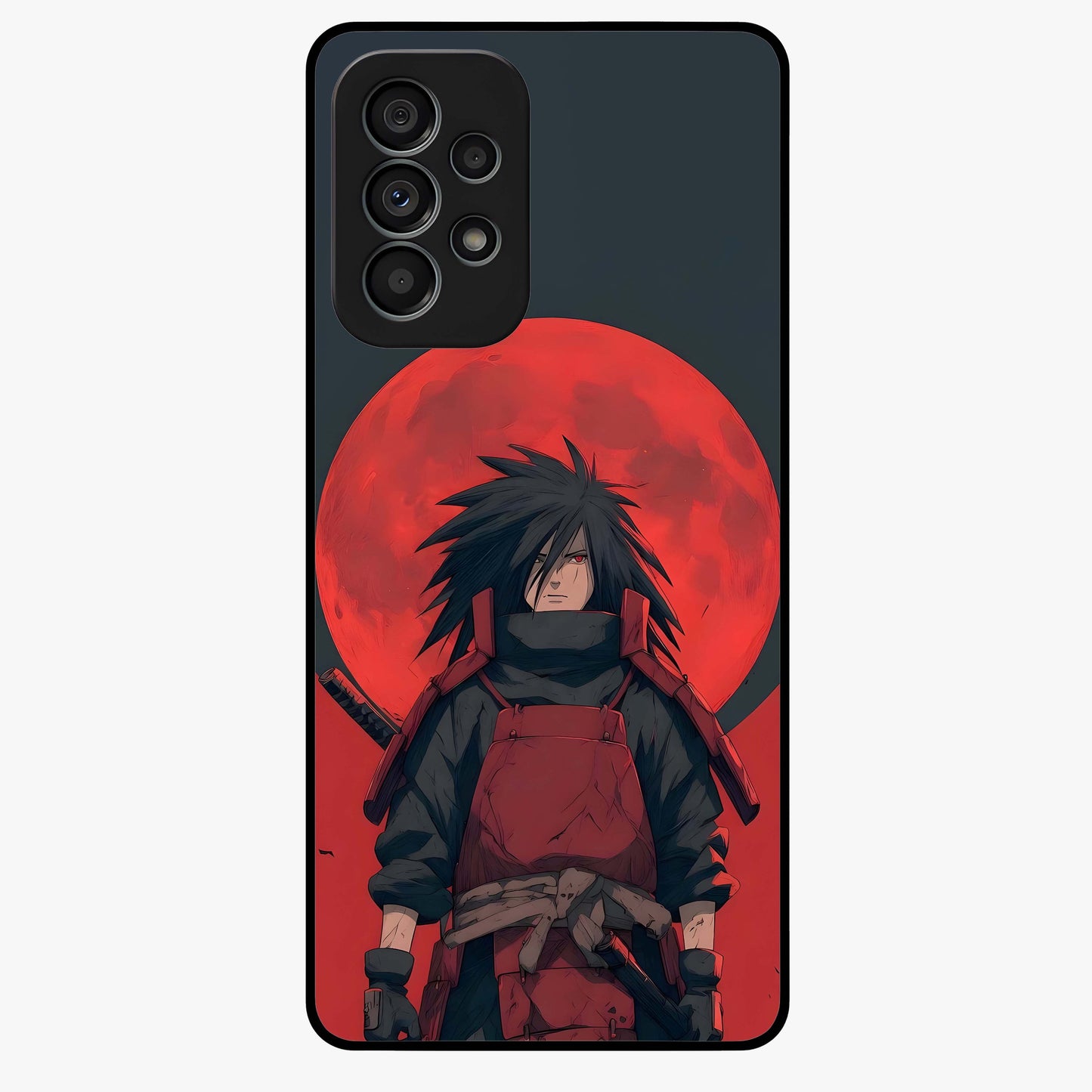 Crimson Moon Warlord Glass Case showing flat back view with mystical moon warrior artwork and glossy glass finish.