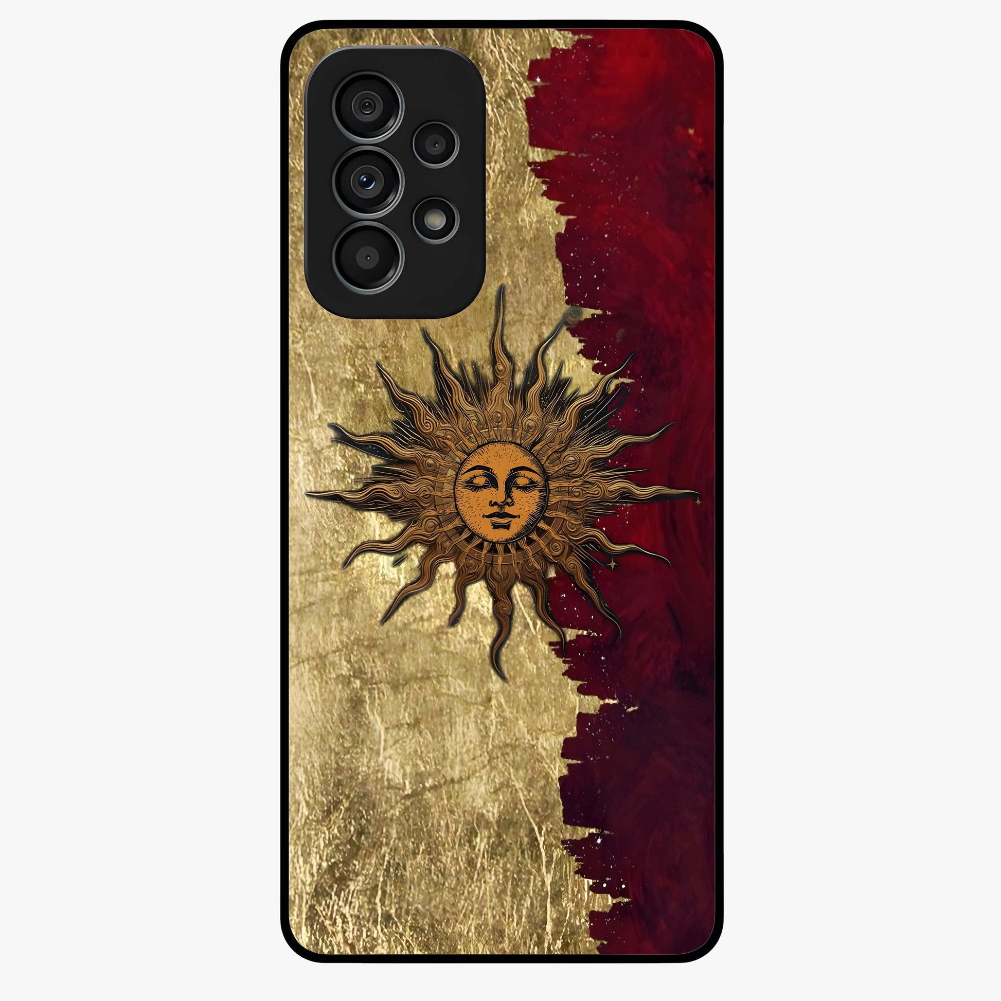 Crimson Sun Majesty Glass Case showing flat back view with radiant sun inspired artwork and glossy glass finish.