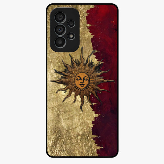 Crimson Sun Majesty Glass Case showing flat back view with radiant sun inspired artwork and glossy glass finish.